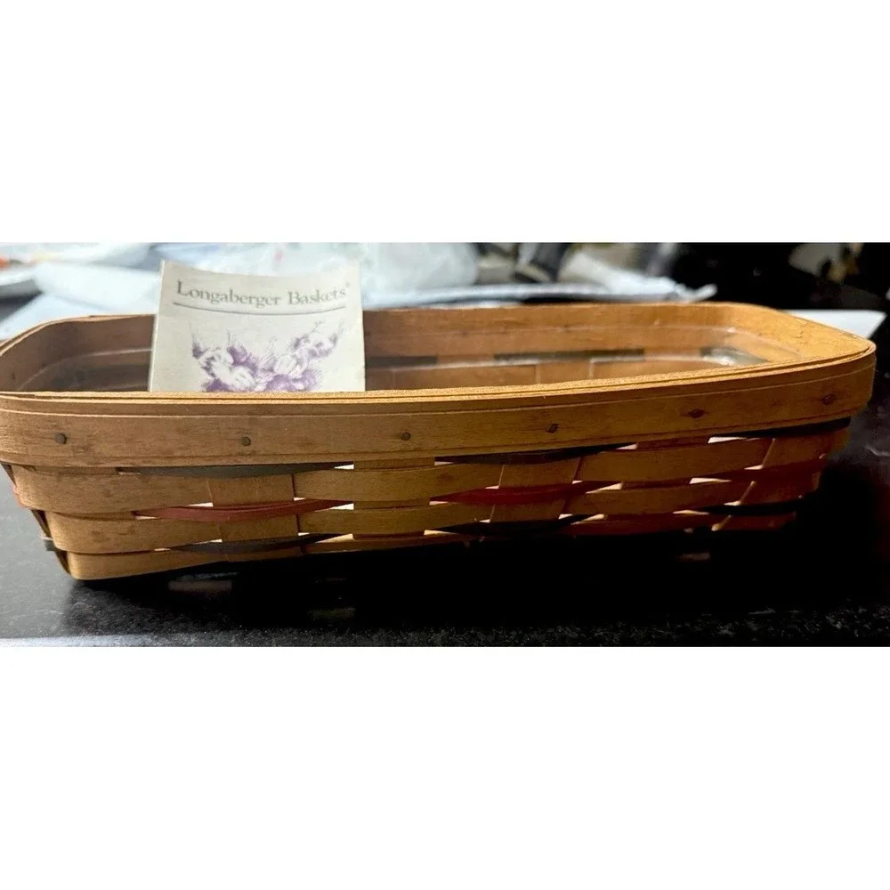 Longaberger Handwoven Cracker Basket Brown, Green, Red, Navy 11.25in Long 1992